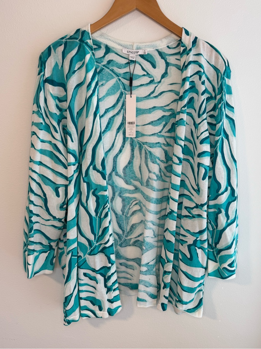 NWT Chico's Teal & White Palms Print Open Cardigan XXL